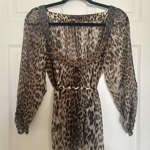 Elie Tahari Silk SHEER Leopard Print Beaded Blouse Size Small